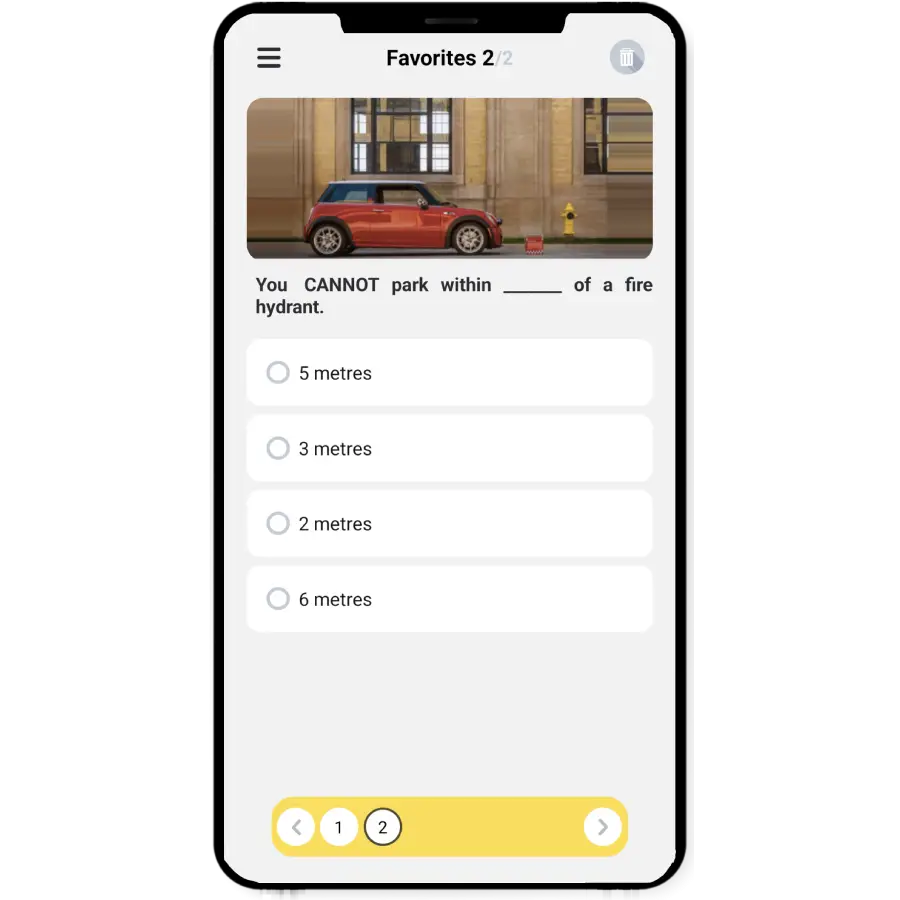G1 Canada app favourites screen with a parking-distance question