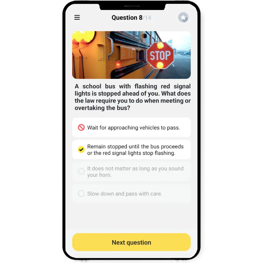 G1 Canada app visual question about passing a stopped school bus